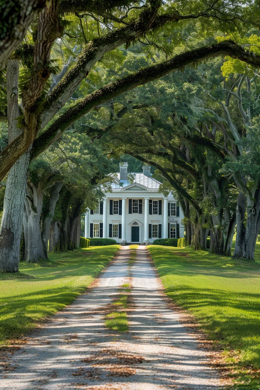 an old-money style Southern Plantation white house with columns